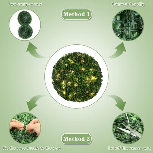2 Pcs Lighted Topiary Ball Outdoor Pre-Lit Faux Boxwood Planter Filler Sphere, Artificial Topiary Ball， Decorative for Backyard, Balcony, Garden, Wedding Party, Home Office (15 * 15)