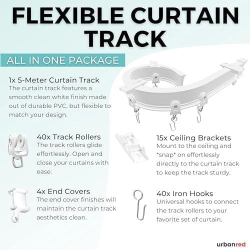UrbanRed Flexible Bendable Ceiling Curtain Track, 16.4FT (5m), Ceiling Mount for Curtain Rail with Track Curtain System, Room Divider, Ceiling Curtain Rod, RV Ceiling Track for Curtains, White