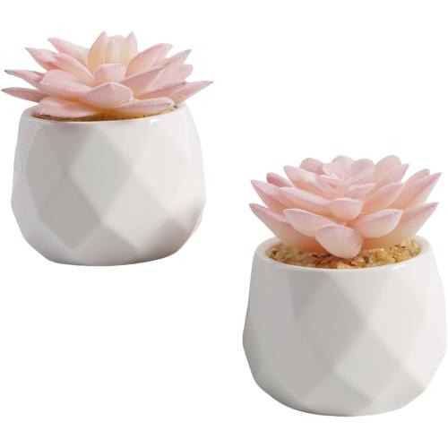 VIVERIE Mini Succulents Plants Artificial in Pots-Rose Pink, Christmas Small Fake Succulents Plants for Home Decor Indoor for Women, White Ceramic Faux Succulents, Set of 2, Gifts for Mom