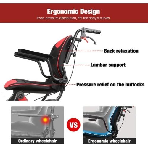 Wheelchairs for Adults,Transport Wheelchair Lightweight Foldable with Removable Cushion,Ergonomic Transfer Chair with 11-inch Rear Wheels for All Terrains,Travel Wheelchair,Red