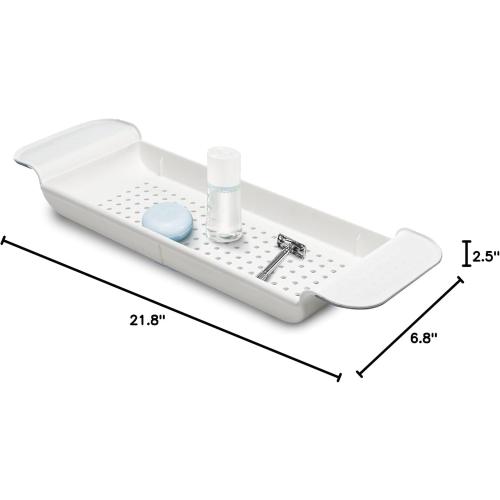 Madesmart Expandable Bath Tray for Bathtubs, Plastic Shower and Bath Shelf Caddy, White, Multifunctional Bathtub Bathroom Organizer