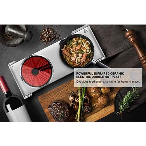 Hot Plate, Techwood 1800W Dual Electric Stoves, Countertop Stove Double Burner for Cooking, Infrared Ceramic Hot Plates Double Cooktop, Silver, Brushed Stainless Steel Easy to Clean Upgraded Version