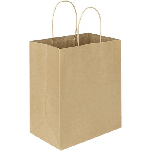 Oikss 100 Pack 8x4.75x10 Inch Medium Brown Kraft Paper Bags with Handles Bulk for Wedding Birthday Party Favors Grocery Retail Shopping Business Goody Craft Gift Bags Sacks (Plain Natural 100 Count)