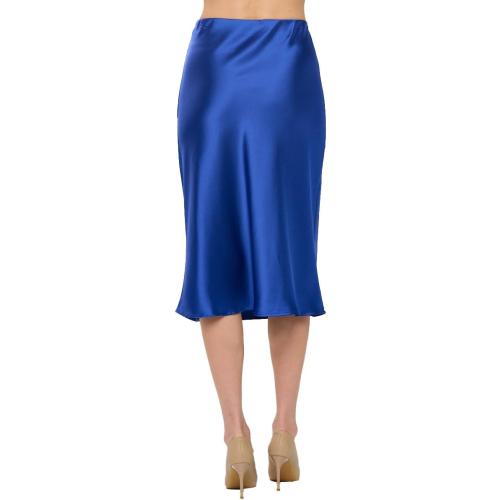 Size S Women Solid High Waist Silky Casual Elastic Satin Midi Skirt -Made in USA (Available in Plus Size)