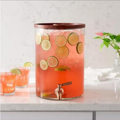 Glass Modern Beverage Dispenser, 2 Gallon Capacity, Stainless Steel and Wood, Cold Drink Holder