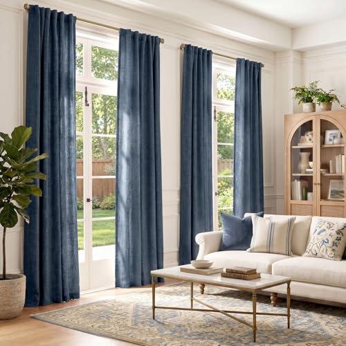 jinchan Burlap Linen Textured Curtains 90 Inches Long Blue Curtains for Living Room Light Filtering Farmhouse Curtain Panels Semi Sheer Country Rustic Window Drapes for Bedroom Rod Pocket 2 Panels