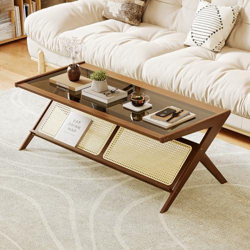 Bamworld Mid-Century Modern Coffee Table with Glass Top Rattan Center Table with Storage for Living Room Table Brown