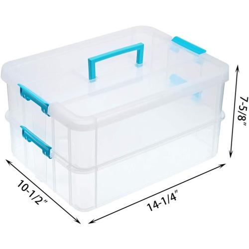 JUXYES 2-Tiers Stack Carry Storage Box With Handle, Transparent Stackable Storage Bin With Handle Lid Latching Storage Container for School & Office Supplies (Blue)