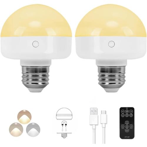 BLUEYE Rechargeable Light Bulbs,7W,350LM,40W Equivalent,Remote Control,E26 Detachable Charging,3 Color Temperatures,Battery Operated Puck Emergency Lamp,Timer,Dimmer,for Non-Hardwired,2Packs