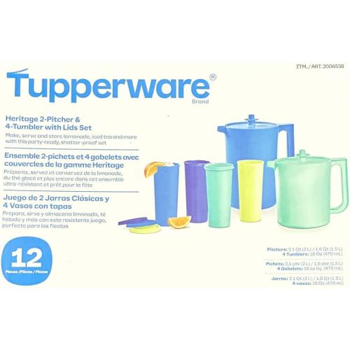 Tupperware 2 Pitcher Set with 4-16 oz Tumbler Cups-Blue and Green