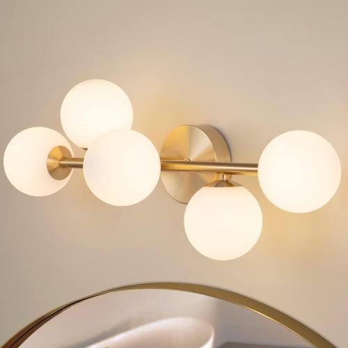 Bathroom Vanity Lights, 5-Light Bathroom Light Fixtures, Mid Century Modern Brass Bathroom Light Ceiling Light, Wall Sconces Semi-Flush Mount Light Fixture with Milk Globe Glass, Brass Gold, G9 Base
