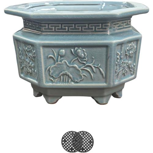 8-Inch Large Octagon Bonsai Pot Light Blue Water Glaze Bonsai Tree Ceramic Flower Pot Handmade
