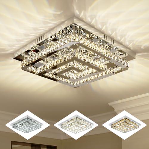 24 Crystal Chandelier with Remote Control, 3 Color Temperature Light Fixture & Brightness Adjustable, Modern Flush Mount LED Ceiling Light Fixture for Living Room Kitchen Hallway Dining Room