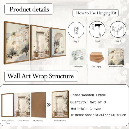 Framed Vintage Italian Wall Art Set of 3, Rustic Neutral Olive Tree Pictures Wall Decor, Mediterranean Farmhouse Landscape Paintings Canvas Prints Country Home Decor for Living Room Bedroom 16x24 inch