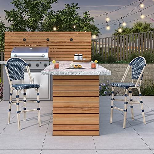 PURPLE LEAF French Counter Height Bar Stool Set of 2 25 White Print Finish Patio Bar Chairs with Back Rattan Bar Chairs French Bistro Set for Kitchen Outdoor Counter Stool Royal Blue