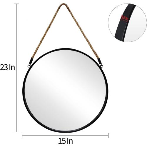 POZINO Round Mirror, 15 Rope Hanging Mirror, Farmhouse Circle Mirrors, Black Metal Frame Wall Mirrors for Bathroom, Bedroom, Living Room, Entryway, Fireplace, Home Decor