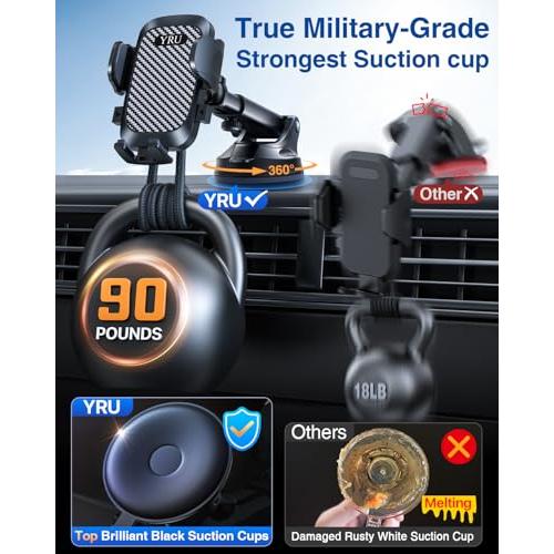 YRU True Military-Grade [360° Rotation Suction] 2026 Ultimate Car Phone Holder Mount【90 LBS Safest Strongest & Patent Certs】 Dash Windshield for iPhone 17 16 Pro Max Speakerphones, Gloss Black