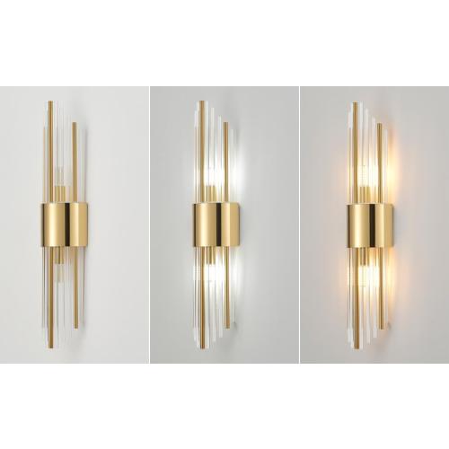 Gold Sconces Wall Set of 2, 2-Light Modern Brushed Titanium Gold Wall Sconce, Gold Vintage Crystal Wall Sconce, Modern wall sconces, for Living Room, Bathroom, Vanity, Staircase, Hallway