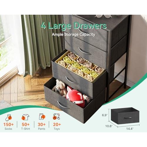 AODK Dresser for Bedroom with 4 Storage Drawers, Small Dressers Chest of Drawers Fabric Dressers with Sturdy Steel Frame, Dresser for Closet with Wood Top, Dark Grey