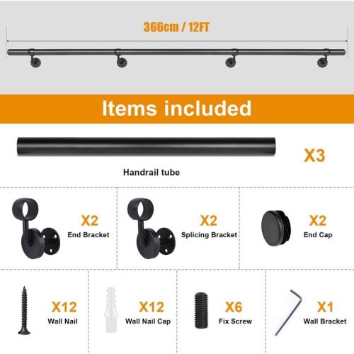 12Ft Industrial Metal Stairs Handrail Kit, Sturdy Wall Mount Aluminum Hand Rail, Indoor Outdoor Stair Railing Wood Concrete Brick Wall,1.5 in Round Pipe Grab Bar, Matte Black-12FT