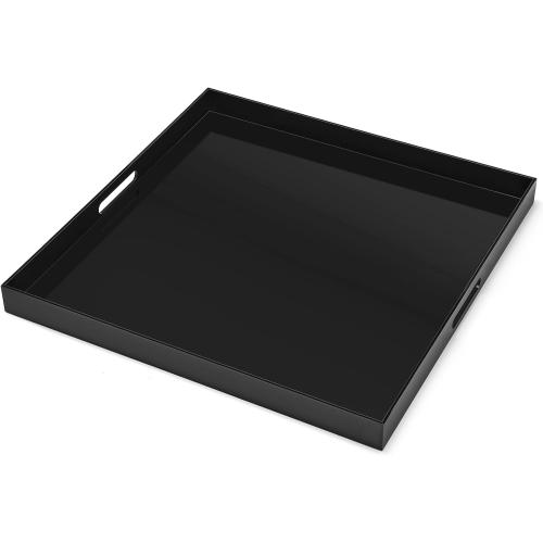 20×20 inches Oversized Black Acrylic Ottoman Tray Extra Large Decorative Tray Spill-Proof Serving Trays with Handles King-Size Safe Edge Organizer for Coffee Table Countertop Breakfast (the corner is broken see the picture)