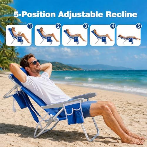 SUNNYFEEL 12.6 High Seat Beach Chair for Adults, High Back 5-Position Lay Flat Reclining Beach Chair with Detachable Cooler Bag, Folding Beach Chair with Cup Holder, Heavy Duty 360 LBS