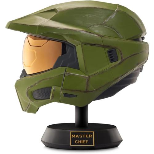 Master Chief Deluxe Helmet with Stand- Helmet with LED Lights on Each Side - Battle Damaged Paint - No SFX - One-Size-Fits-Most