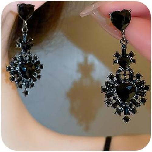 Xerling Black Rhinestones Heart Earrings Gothic Black Crystal Heart-shaped Earrings for Women