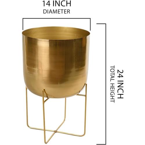 Serene Spaces Living Modern Mid‑Century Metal Indoor Planter with Stand, Gold Planter Pot, Indoor Plants – Decorative Planter Holder for Living Room, Kitchen & Office, 14 Diameter & 24 Tall