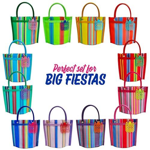 12 Mini Mercado Bags For Fiesta Mexicana Party Favors & Mexican Papel Picado Gift Tags