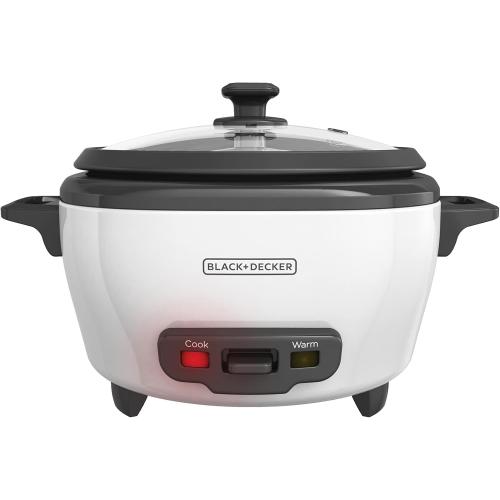 BLACK DECKER Rice Cooker 6-Cup (Cooked) with Steaming Basket, Removable Non-Stick Bowl, White