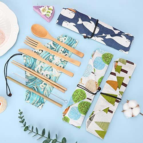 Boao 4 Sets Bamboo Utensils Wooden Utensils Set Reusable Cutlery Travel Chopsticks Fork Spoon Straw Portable Utensil Case for Travel Hiking Picnic Camping Cooking Office Kitchen (Natural Style)