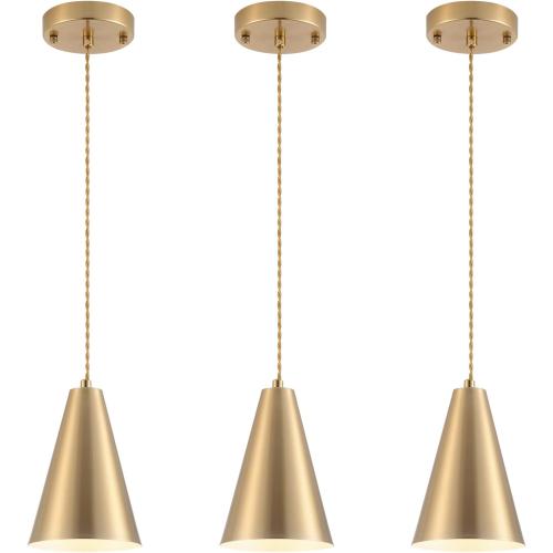 Gold Pendant Lights Kitchen Island,Dining Room Light Fixtures Over Table 3 Pack with Brushed Brass Cone Metal Shade, Modern Farmhouse Mini Chandeliers,Adjustable Cord Hanging Lighting for Bar,Sink