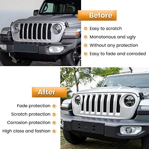 Front Grille Mesh Inserts & Headlight Cover for Jeep Wrangler JL JLU Unlimited Sport/Sports 2018-2023 Exterior Accessories Clip-in Grille Guard Cover Headlight Bezels Trim Ring (White 9PCS)