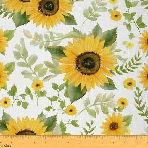 Watercolor Sunflower Fabric by The Yard,Yellow Flowers Rustic Plant Fabric by The Yard for Teens Craft Lover,Green Leaves Nature Lover Soft Polyester No Stretch Fabric Sewing,1 Yard