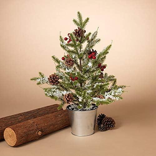 Gerson 22 Inch Decorative Holiday Tree with Pine Cones Berries and Snow in A Bucket