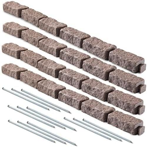 Landscape Edging | Garden Edging Border | Polyrock Bricks for Lawn edging, Flower beds, Pathways & Yard Edging– 4 Packs | Each Section Has 6 Bricks 48L x 4W x 2.25H | 12 Spikes |Cobblestone