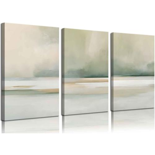 3Pcs Sage Green Canvas Wall Art Modern Neutral Abstract Wall Decor Pictures Minimalist Green Tan Posters Prints for Living Room Bedroom Home Decoration, 16x24in