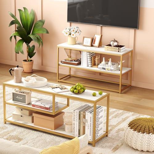 Function Home TV Stand for TVs up to 50 Inch, 3 Tier Entertainment Center, Modern TV Cabinet with Marble Top and Gold Metal Base, 42 Media Console Table with Storage for Living Room Bedroom