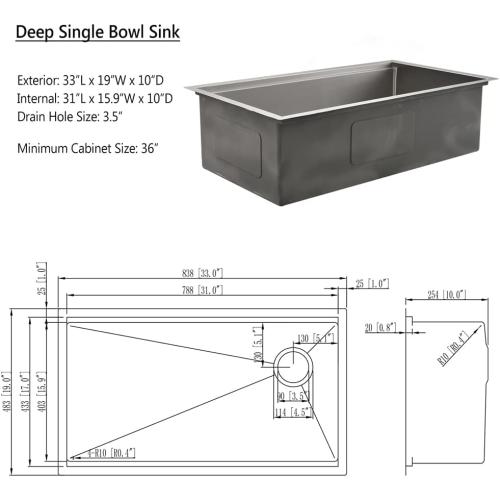 33 Inch Undermount Kitchen Sink, 33x19 Single Bowl Workstation 16 Gauge Stainless Steel Undermount Kitchen Sink with Offset Drain