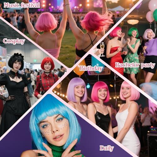 PLULON Hot Pink-Color Bob Wig with Heart Sunglasses Neon Colored Party Wig