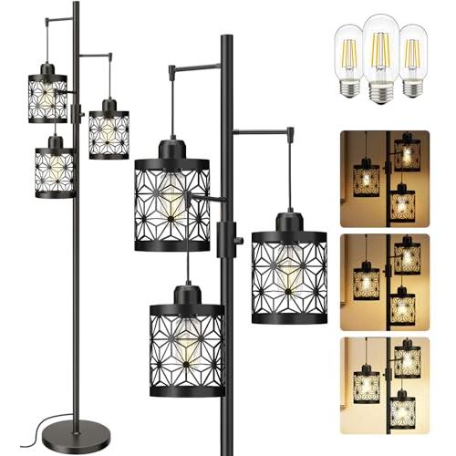 Floor Lamp, Floor Lamp for Bedroom Living Room, Standing Tall Lamps for Office, Dimmable Lamp with Bright 3X 800LM LED Edison Bulbs