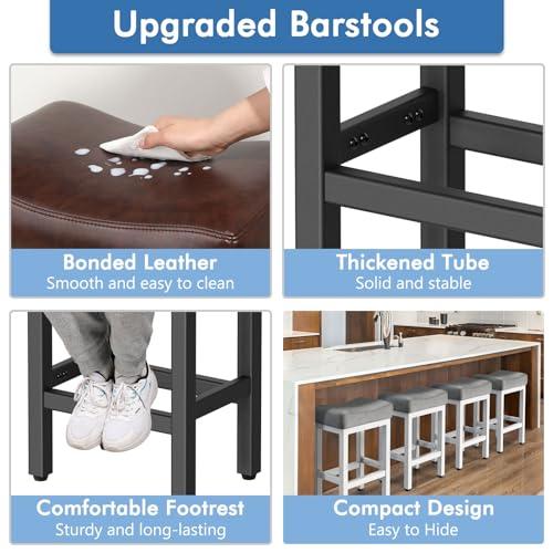 Counter Height Bar Stools Set of 2, 24 Inch Barstools for Kitchen Island Counter, Bonded Leather Kitchen Stools with Thick Saddle Seats & Heavy Duty Metal Base, Easy Assembly, Brown/Black
