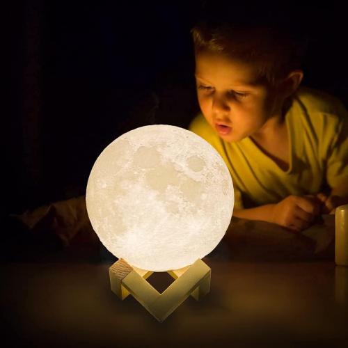 Mydethun 3D Moon Lamp with 7.1' Wooden Base - Mothers Day Gift LED Night Light, Mood Lighting with Touch Control Brightness for Home Décor, Bedroom, Gifts for Women Birthday - White & Yellow