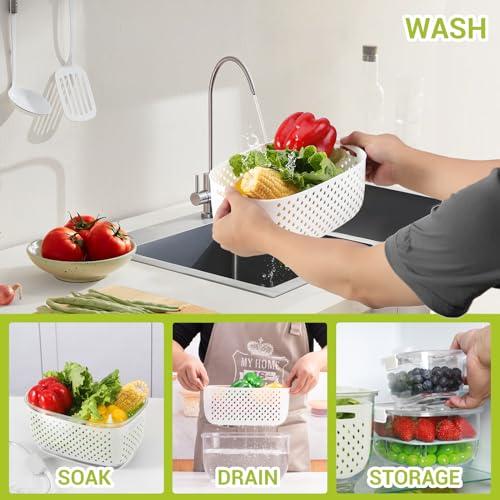 LUXEAR Fresh Produce Vegetable Fruit Storage Containers 3Piece Set, BPA-free, Partitioned Salad Container, Fridge Organizers, Used in Storing Fruits Vegetables, White