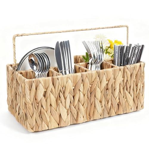 Wicker Silverware Organizer Basket,Hand Woven Kitchen Utensil Holder with Handles,Flatware Storage Caddy for Countertop Dining Picnic Party Table,Natural Cutlery Caddy for Plates,Napkins&Utensils