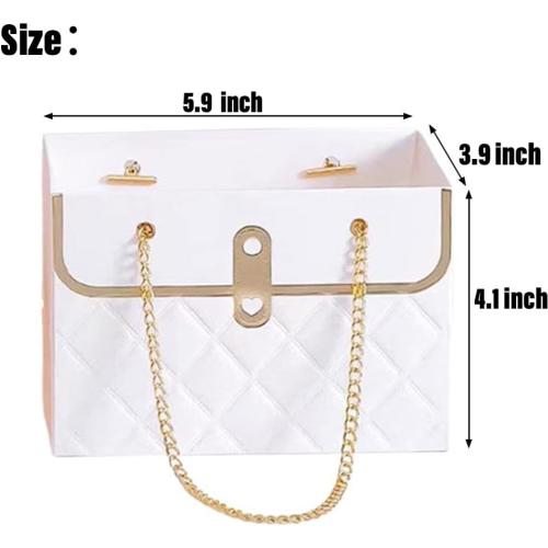 NADUSEP 4 PCS Flower Paper Gift Box, Bouquet Storage Bucket Florist Handbag with Metal Chain, Gift Craft Wrap Bag for Wedding Party Valentine's Day Birthday Mother's Day Bridal Shower Gift Wrap Bags (White Pink)