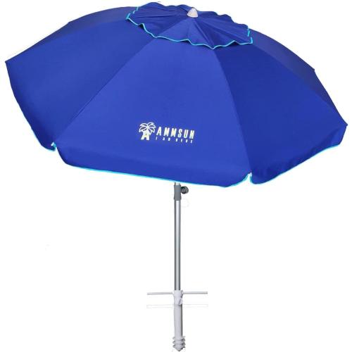 AMMSUN 7ft Heavy Duty HIGH Wind Beach Umbrella with sand anchor & Tilt pole Sun Shelter, UV 50  Protection Outdoor Sunshade Umbrella with Carry Bag for Patio Garden Beach Pool Backyard Blue