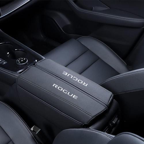 XITER with Rogue Logo 1PC Leather Center Console Armrest Cover with Side Pockets for Nissan Rogue 2021 2022 2023 2024 2025 2026 Accessories(Black Stitches)