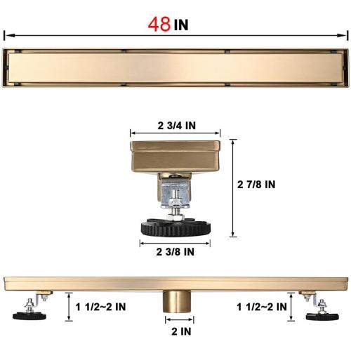 Linear Shower Floor Drain, Brushed Gold 48 Inch 304 Stainless Steel Bathroom Drains Kit, Rectangular Shower Trench Drain with Reversable Tile-in Pattern Drain Cover & Hair Catcher